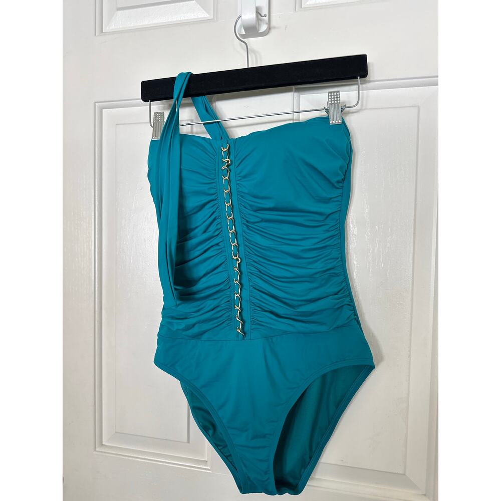Lilly Pulitzer Swimsuit Women's Size 10 Emmett One Piece Halter Teal Ruched - Picture 3 of 7